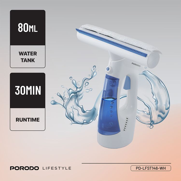 Porodo Lifestyle Cordless Window Vacuum Cleaner with Dual-Tank Design, Up to 30 Minutes of Working Time, 1kPa Suction Power, Spray, Wipe & Vacuum Dry Functions, 9W Rated Power - White