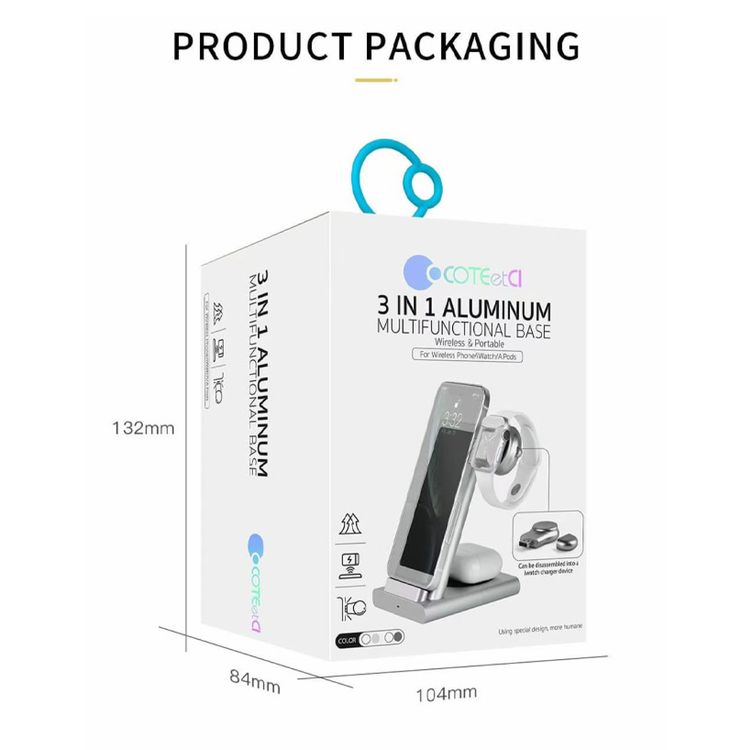 Coteetci CS5700 3 in 1 Aluminum Multifunctional Wireless Charging Base - Silver