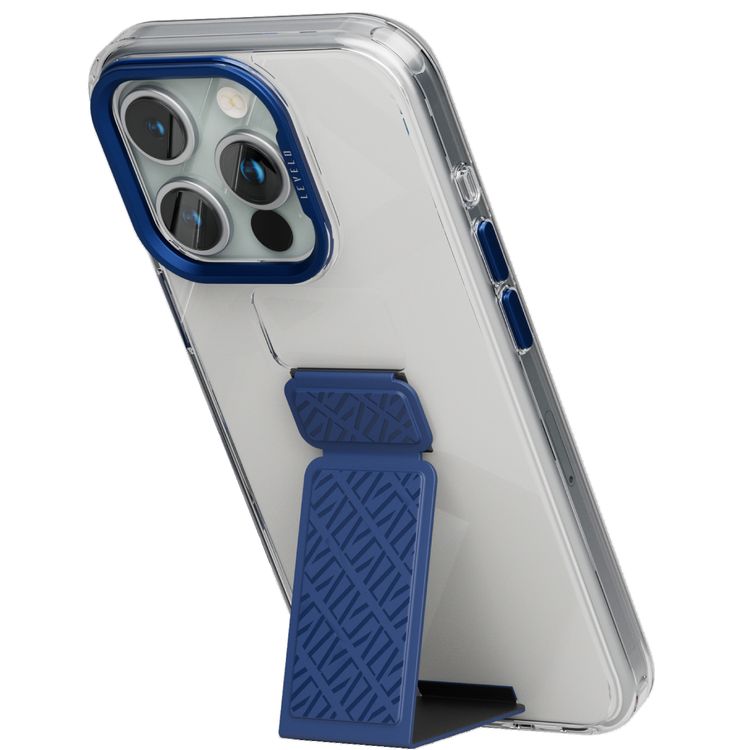 حافظة Levelo Morphix Clara Grip لهاتف iPhone 15 Pro Max، مقبض من الجلد الفاخر، حواف مقاومة للصدمات، مقاومة للخدش 3H، زوايا معززة مع Airguard، أوضاع وضع متعددة للحماية القصوى والراحة - أزرق