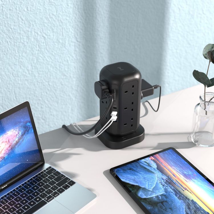 Powerology 12 Socket Multi-Port Tower Extension & Charge - Black