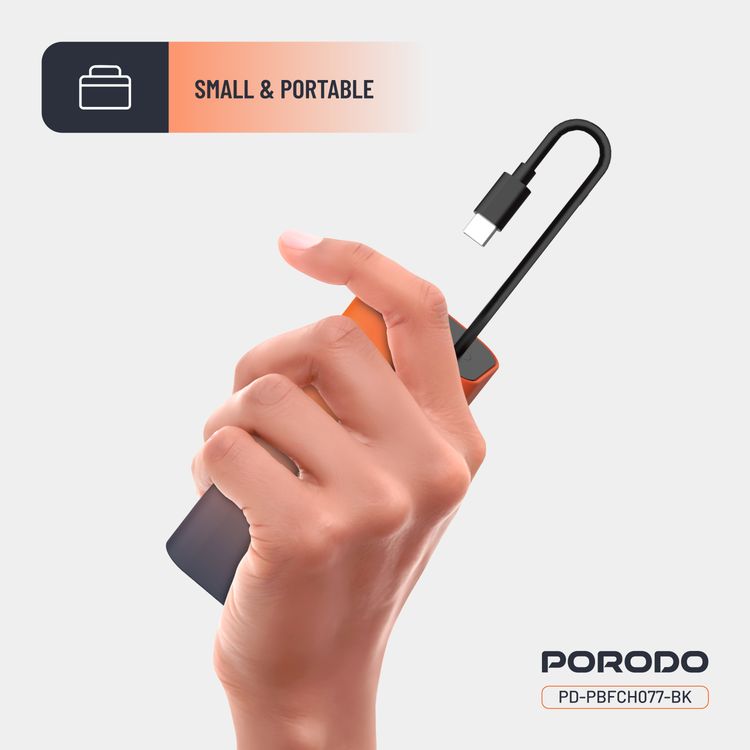 Porodo PB077 20000mAh Power Bank with  Integrated Type-C Cable, PD 20W, Type-C Ports, Portable Design, Fast Charge Support - Black