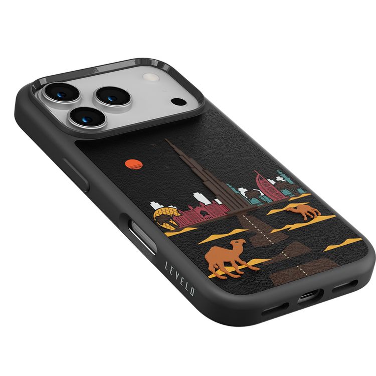 Levelo Vallo PU Leather Case for iPhone 17 Pro with Embroidery Dubai Finish, Comfortable Hold, Durable PU Leather, Raised Bezels for Camera and Screen, True Microfiber Interior Lining, Scratch & Wear Resistant, Shock-Resistant Bumper - Midnight Black