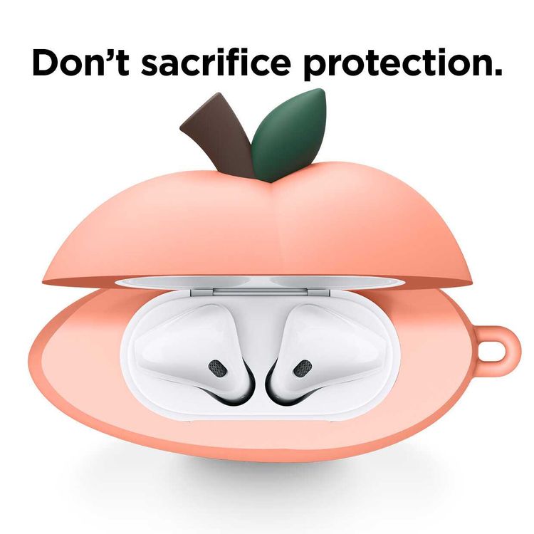 Elago Peach Hang Case Compatible with Airpods 1 & 2, Flexible,Shock-Resistant, Scratch Proof & Drop Proof, Easy Access to All Ports, w/ Carabiner to Safely Attach Anywhere - Peach