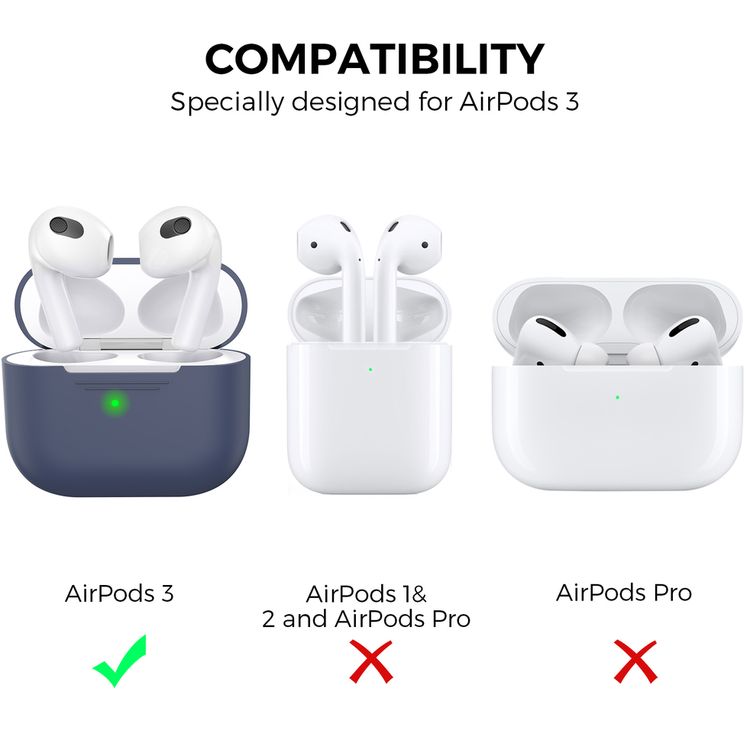AhaStyle PT176-NB Full Cover Silicone Case for Airpods 3 Drop Shock Protection, Front LED Visible Cover with Carabiner Suitable with Wireless Chargers - Blue