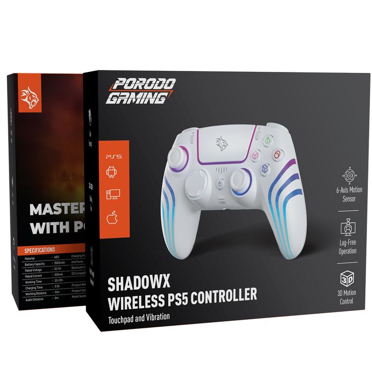 Porodo Gaming ShadowX Wireless Controller for Android/ iOS/ PC/ PS5 with Adjustable Brightness, Built-in Speaker, Wired and Wireless Connectivity, Turbo Frequency, 20-25 Hours Working Time, 3.5 Hours Charging Time, Motor Strength Adjustment, USB-C Charging Port, Bluetooth Version 5.3 - White