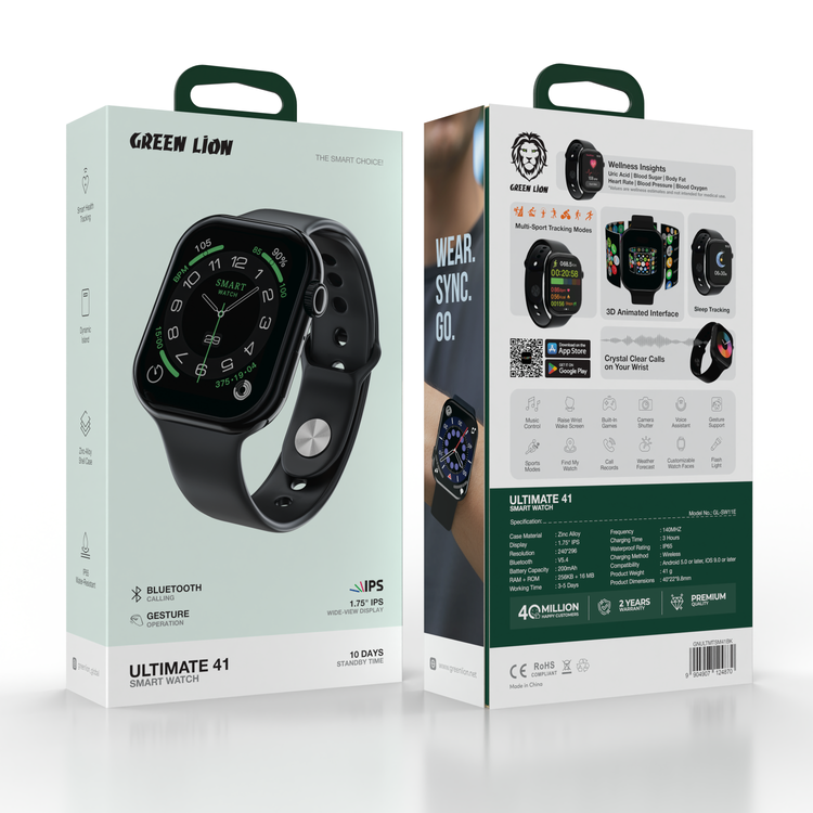 Green Lion Ultimate 41 Smart Watch with Smart Health Tracking, Dynamic Island, Bluetooth Calling, Gesture Operation, Wide-View Display, Sleep Tracking, Crystal Clear Calls on Your Wrist, 3D Animated Interface, Wellness Insights, Multi-Sport Tracking Modes, Bluetooth Version 5.4 - Black 