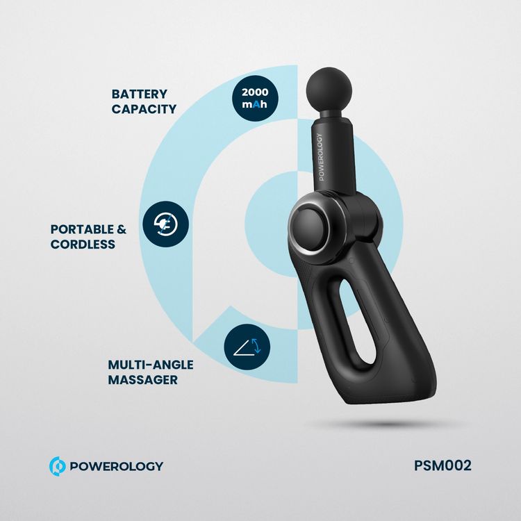 Powerology Fullbody Massage Gun with 5 Detachable Heads, 2000mAh Battery Capacity, 3.5 Hours Working Time, - Black