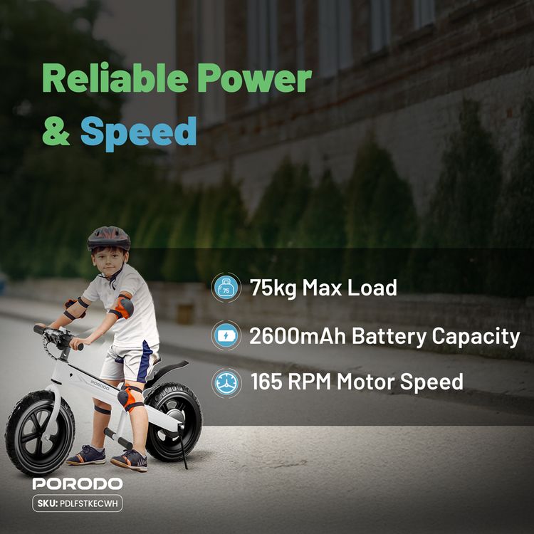 Porodo Lifestyle Joy Cruiser Kids Electric Bike with 2600mAh Battery Capacity, Maximum Speed 15Km/H, 3 Gears, LED Display, Brushless Motor - White