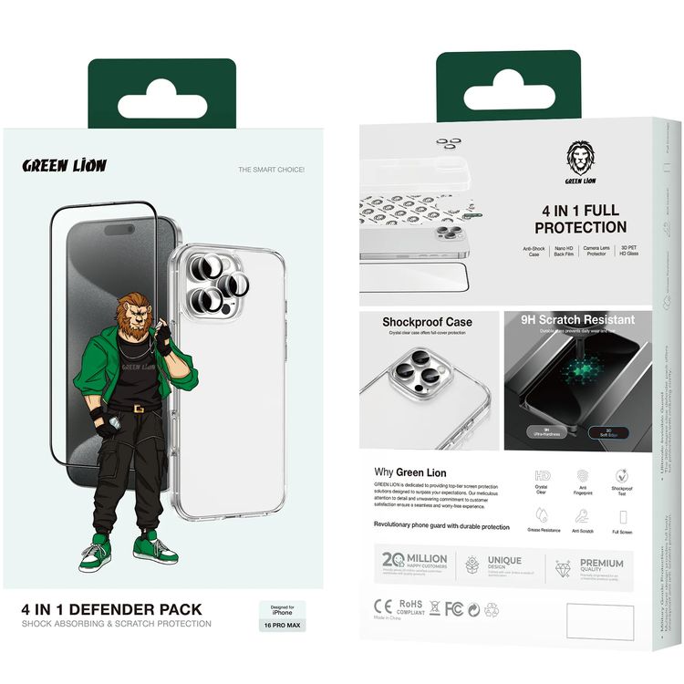 Green Lion 4-in-1 Defender Pack for iPhone 16 Pro Max, Anti-Shock Case, Nano HD Full Protection, Camera Lens Film, 3D Pet HD Glass - Silver 