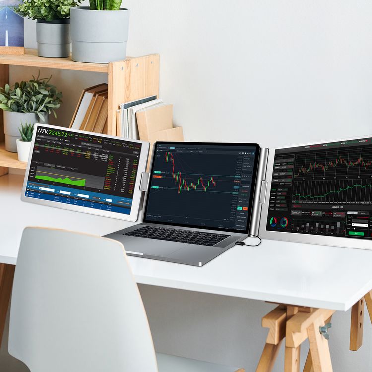 Powerology Dual Screen Portable Monitor with Expansive 14-inch Full View, 1200p Full HD Resolution, Windows & macOS Compatibility, 89º Horizontal & Vertical View Angle - Silver