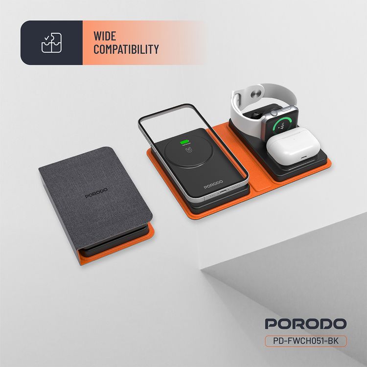 Porodo 8000mAh Folding 4-Device Charger with 10W Wireless Output, Fast Charging Support, 20W Power Delivery, Folding Design, Wide Compatibility - Black