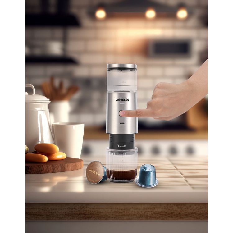 LePresso Stainless Steel Portable Espresso Maker Powder and Nespresso Pods with 9 Bar Pressure, 100mL Water Tank Capacity - Silver