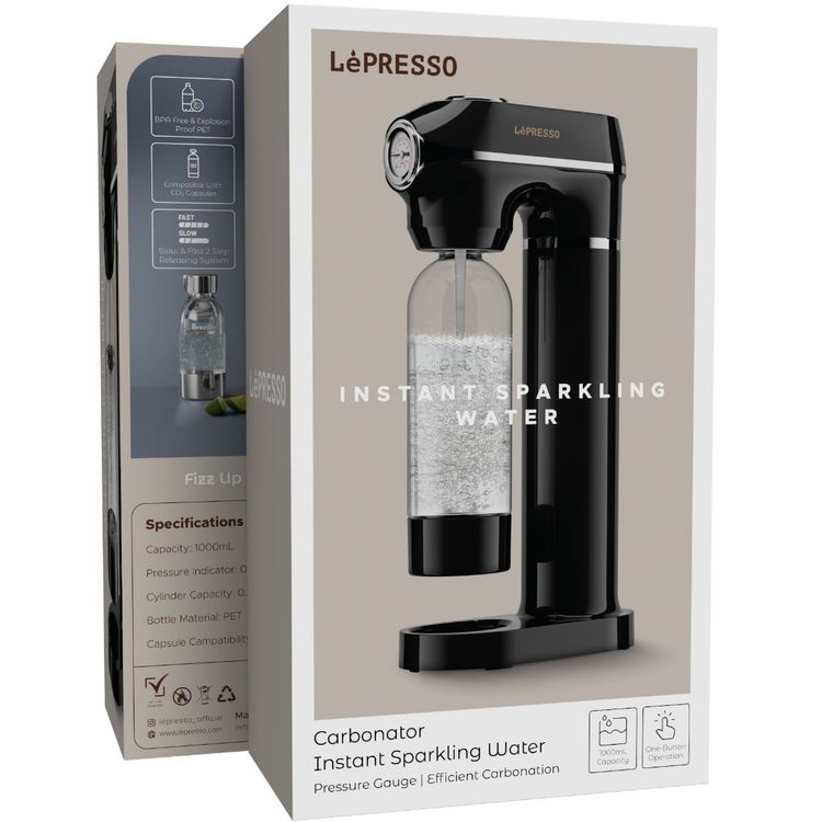  LePresso Sparkling Water Maker with 1L Capacity, Adjustable Fizz Pressure, Efficient Carbonation, Patented design, Pressure Release Button - Black 