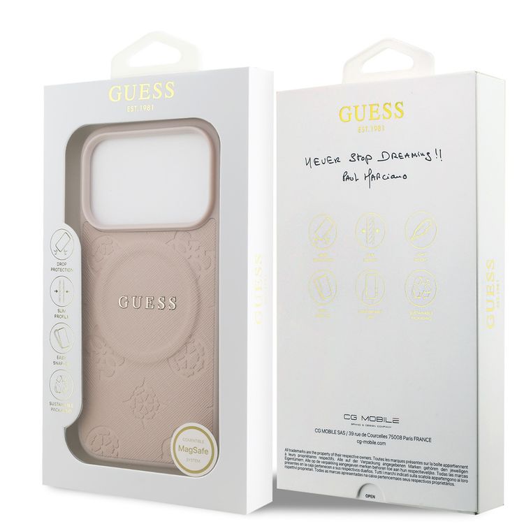 غطاء جلد PU من Guess بتصميم شعار كلاسيكي وختم ساخن على شكل زهرة الفاوانيا لهاتف آيفون 17 برو، ذو ملف نحيف، يركب بسهولة، تغليف مستدام، قبضة مريحة، حماية من السقوط - وردي