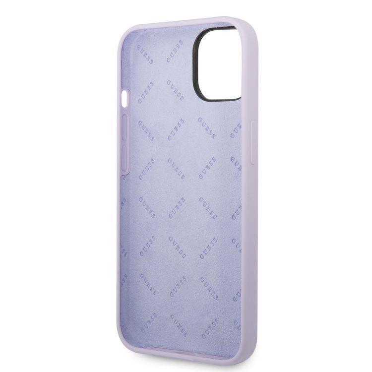 Guess Liquid Silicone Case With PC Camera Outline & Script Metal Logo - iPhone 14 Plus - Purple