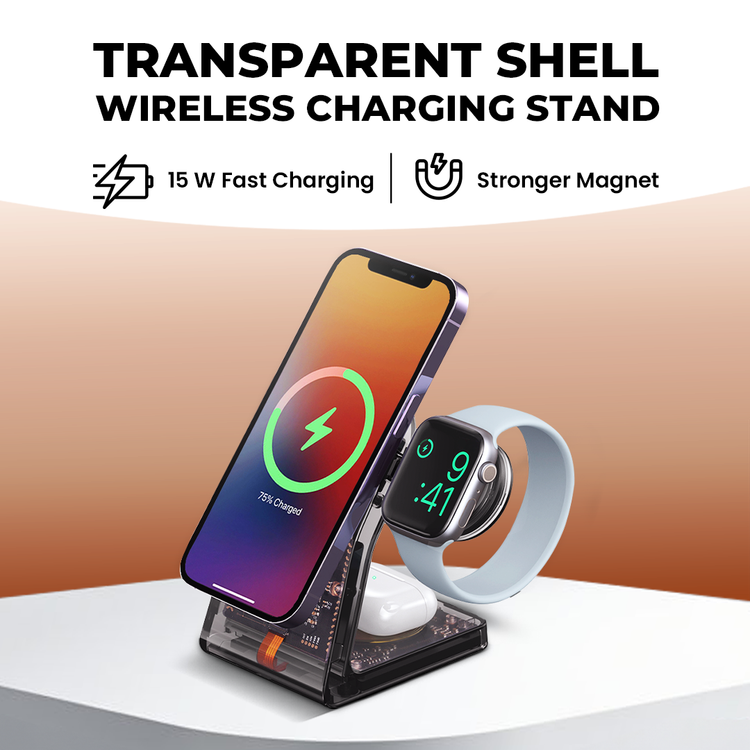 Porodo Transparent Shell Wireless Charging Stand with 15W Wireless Output, Multi-Device Charging, 3W Earbuds Output, Transparent Design, 2.5W Type-C Output - Black