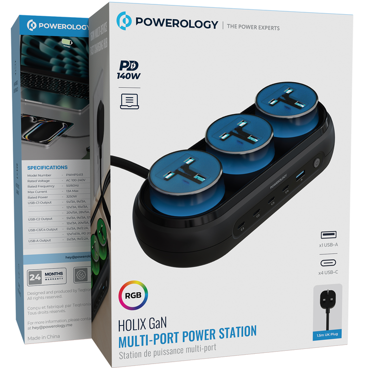 Powerology Holix GaN Multi-Port Power Station with PD 140W, High-Powered GaN Technology, Multi-Device Charging, Triple AC Sockets, 1.5m UK 3-Pin Power Cord - Gray
