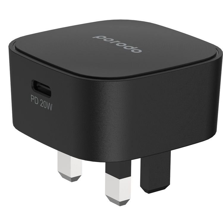Porodo Super-Compact Fast Charger with 20W USB-C Power Delivery, Overcurrent Protection, UK 3-Pin Plug, Fire Retardant Material, 0%-60% Charge in 30 Minutes - Black