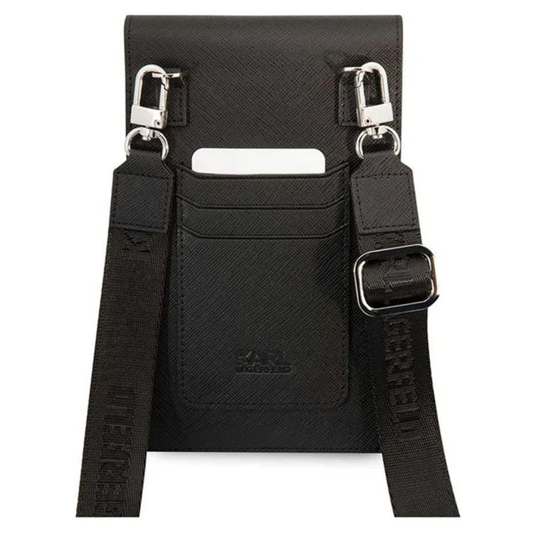 Karl Lagerfeld Autograph Chain Phone Pouch with Strap & Built-in Card Slots, ECO Leather Material, Clean & Luxurious Design, 2 Interior Pockets, Lightweight & Compact - Black