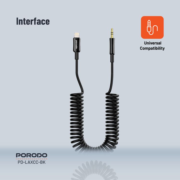 Porodo 3.5mm AUX to Lightning Coiled Audio Cable with 1.2m Length, Universal Compatibility, Auto-Retract & Tangle-Free Design - Black