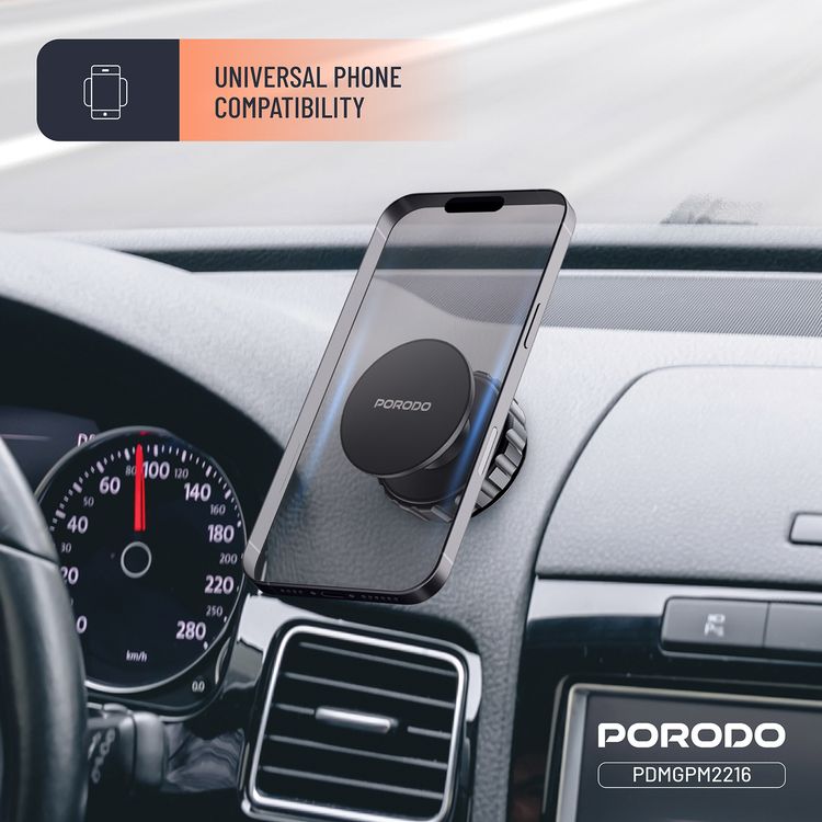 Porodo Multi-Surface Vacuum Suction Phone Holder with Adjustable Viewing Angle & 360° Rotation, Compatible with 4.7"-6.9" Phones, ABS & TPU Material, Double-Layer N52 Magnets - Black