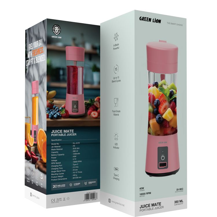 Green Lion Juice Mate Portable Juicer with 380mL Capacity, 6-Blade Design, Up to 15 Blending Cycles, 1200mAh Battery & USB-C Charging Port, LED Indicator, 20 Seconds Single Blend Time, BPA-Free & Food-Grade Material - Pink