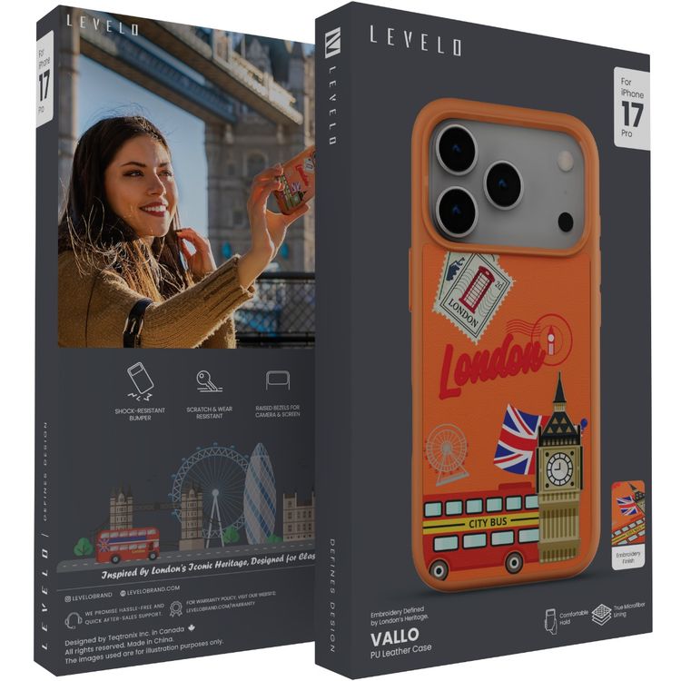 Levelo Vallo PU Leather Case for iPhone 17 Pro with Embroidery London Finish, Comfortable Hold, Durable PU Leather, Raised Bezels for Camera and Screen, True Microfiber Interior Lining, Scratch & Wear Resistant, Shock-Resistant Bumper - Sunrise Orange