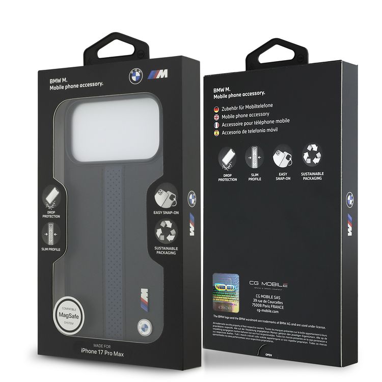 BMW PU Leather Case with Perforated Stripes & Metal Logos for iPhone 17 Pro Max, MagSafe Compatible, Sustainable Packaging, Drop Protection, Slim Profile, Easy Snap-On Design - Black / Blue