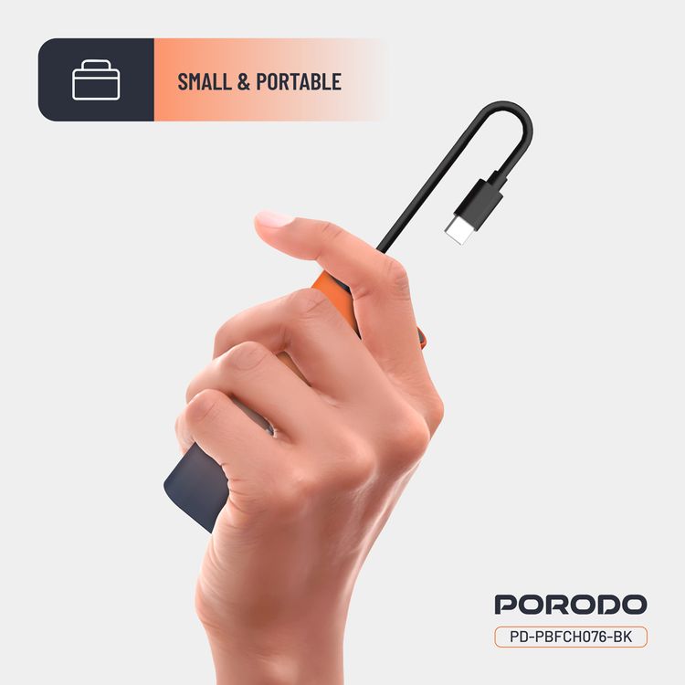 Porodo PB076 10000mAh Power Bank with  Integrated Type-C Cable, PD 20W, Type-C Port, Portable Design, Fast Charge Support - Black