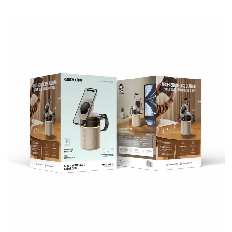 Green Lion 5-in-1 Wireless Charger with 1800mAh Battery Capacity, N52 Magnets, Ambient Light Mode, 360° Adjustability, Snap & Charge - Cream