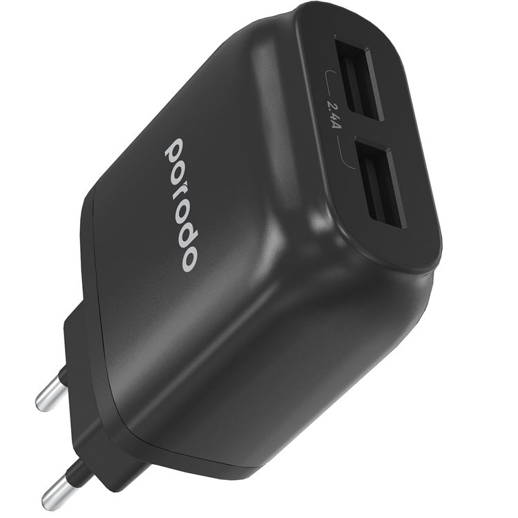 Porodo Dual Port EU Wall Charger with Fast Charging & Auto ID Support, 2.4A USB-A Current, Fireproof Material, Overheat Protection, Protective Safeguard - Black