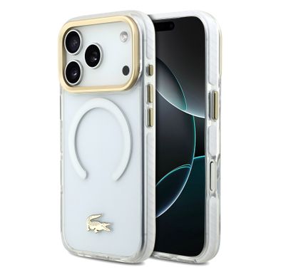 جراب لاكوست شفاف ماج سيف مصنوع من TPU و PC مع طبقة نهائية متجمدة لهاتف آيفون 17 برو، حماية ضد السقوط، تصميم نحيف، تغليف مستدام، تصميم سهل التركيب - أبيض / ذهبي