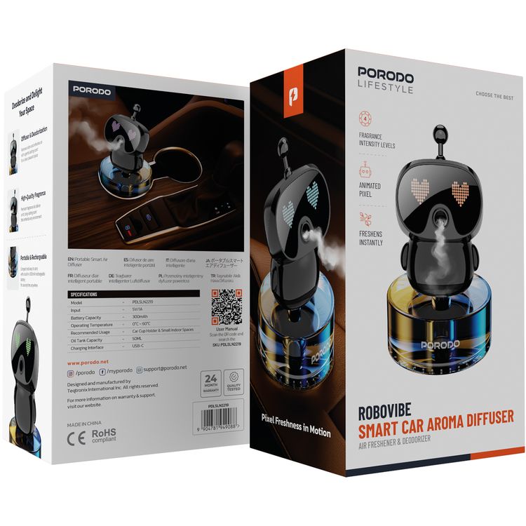 Porodo Robovibe Smart Car Aroma Diffuser with Animated Pixel, 4 Adjustable Fragrance Intensity Levels, 300mAh Battery, 50mL Oil Tank Capacity, USB-C Charging Port, Diffusing & Deodorization - Black