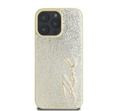 Karl Lagerfeld Wrinkled Design PU Hard Case with Metal Signature Logo for iPhone 16 Pro Max, Slim Profile, Comfortable Grip, Drop Protection, Lightweight, Sustainable Packing - Gold 