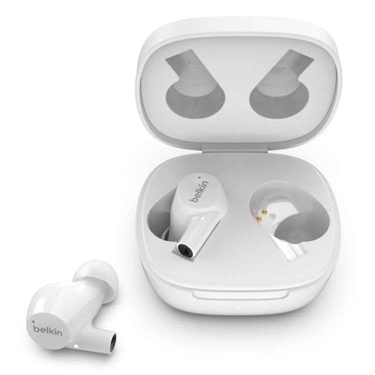سماعات الأذن اللاسلكية الحقيقية Belkin Soundform Rise مع أحجام متنوعة لرؤوس الأذن، صوت ستيريو غني، اقتران تلقائي، حافظة شحن مدمجة وقابلة للحمل، متوافقة مع مساعدي الصوت، حجم المحرك 6 مم - باللون الأبيض.