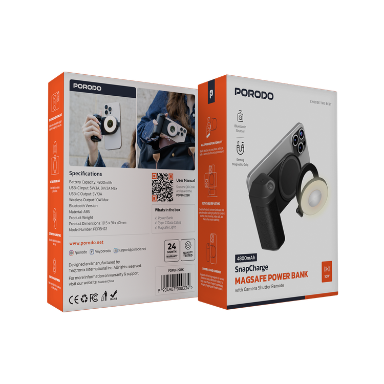 Porodo SnapCharge MagSafe 4800mAh Power Bank with Camera Shutter Remote, 10W Max Wireless Output, Bluetooth Version 5.1, Detachable 360° Rotating Ring Light, Built-in Mirror, Foldable Stand & Grip, ABS Material - Black