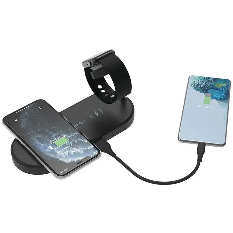 Powerology Portable 4-in-1 Fast Charging Power Dock with 49W Total Output, 60W UK 3-Pin Adapter Included, PowerDash 3.0, Apple Watch Series 1-5 Compatibility - Black