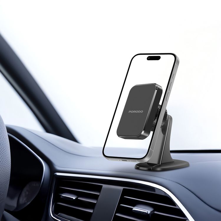 Porodo Dual Mount Magnetic Phone Holder with Dash & Air Vent Clip, Adjustable Viewing Angle, N52 Magnet Type, Multi-Surface Mounting, Strong Magnetic Hold - Black