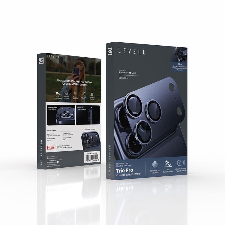 Levelo Trio Pro Camera Lens Protector for iPhone 17 Pro Max, Anti-Glare Coating, Scratch Resistant, Ultra-Clear Glass, Oleophobic Coating, Double-Sided AR Glass, Detachable Camera Protector, 0.33mm Thickness - Blue