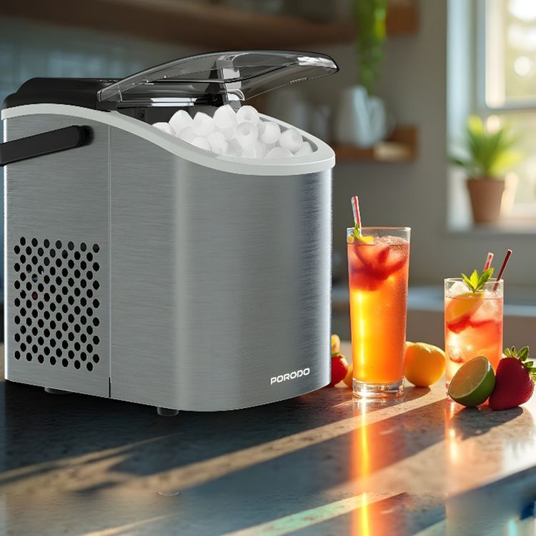 صانع الثلج الفوري بورودو لايفستايل بغطاء شفاف، إنتاج سريع للثلج، تصميم موفر للمساحة، لوحة تحكم سهلة الاستخدام، 12 كجم من الثلج في 24 ساعة، يتضمن ملعقة ثلج، سعة 0.6 كجم من الثلج - لون فضي
