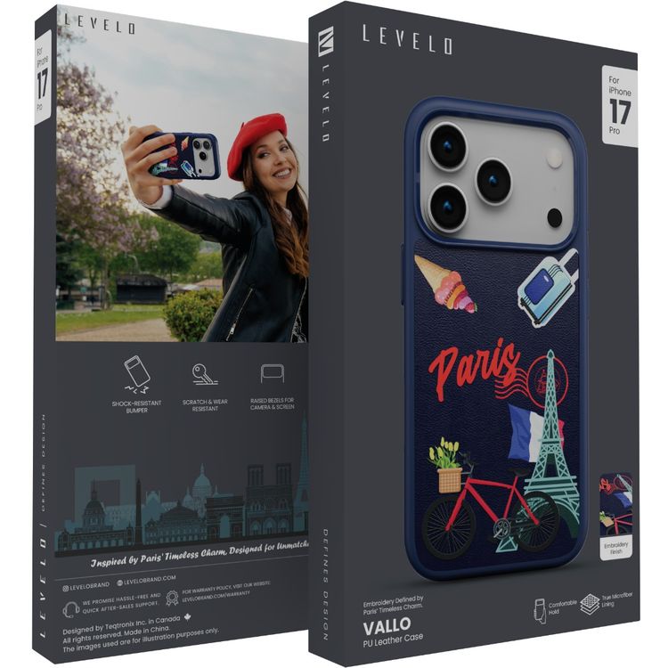 Levelo Vallo PU Leather Case for iPhone 17 Pro with Embroidery Paris Finish, Comfortable Hold, Durable PU Leather, Raised Bezels for Camera and Screen, True Microfiber Interior Lining, Scratch & Wear Resistant, Shock-Resistant Bumper - Cobalt Blue