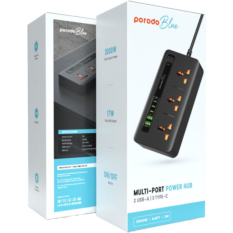 Porodo Blue Multiple Ports Power Hub with ×2 USB-A & ×3 USB-C Ports, 3 AC Sockets, 3000W Rated Power, 2m Cable Length, Universal Compatibility - Black