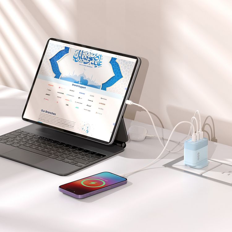 Powerology Lunex Series 3-Port Fast Charging Adapter with UK 3-Pin Power Plug, 65W PD USB-C Output, 22.5W QC USB-A Output, Multi-Device Charging, Powerful Laptop Charging, Universal Protocol Support - Blue