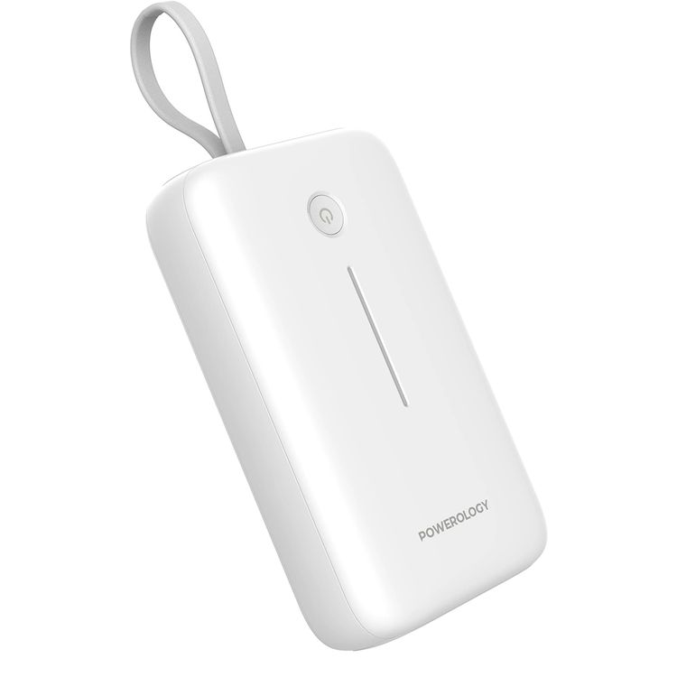 Powerology 20000mAh Power Bank with Detachable USB-C Wire, 30W Power Delivery, 3-Device Charging, Long Time Standby, Universal Phone Compatibility, Built-in Safeguards - White
