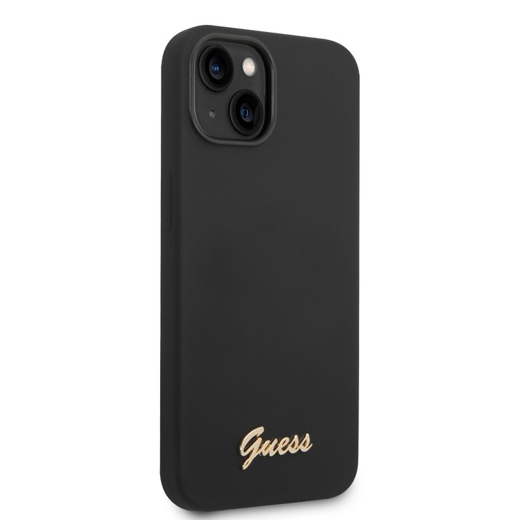 Guess Liquid Silicone Case With PC Camera Outline & Script Metal Logo - iPhone 14 - Black