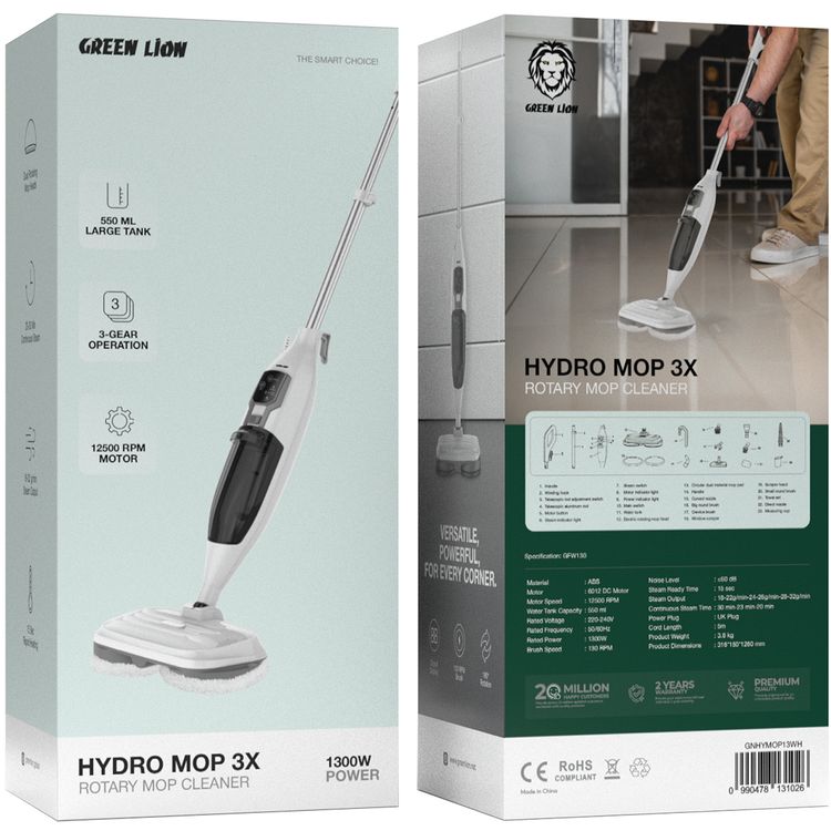 Green Lion Hydro Mop 3X Rotary Mop Cleaner with 12500 RPM Motor Speed, 20-30 Minutes Continuous Steam Time, 15 Seconds Steam-Ready Time, 550mL Water Tank Capacity - White