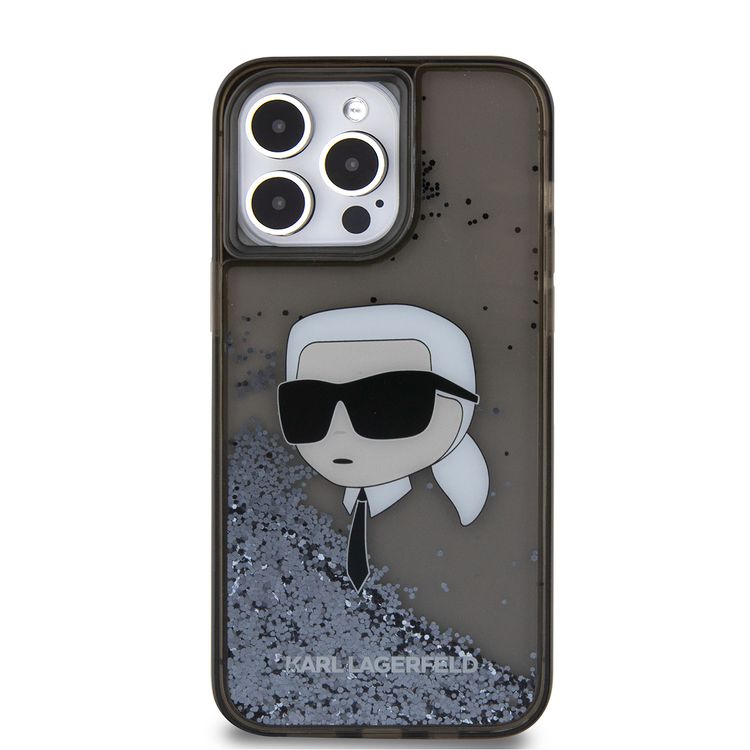 KARL LAGERFELD Liquid Glitter Hard Case with NFT Karl Head for iPhone 16 Pro Max, Slim Profile, Drop Protection - Black