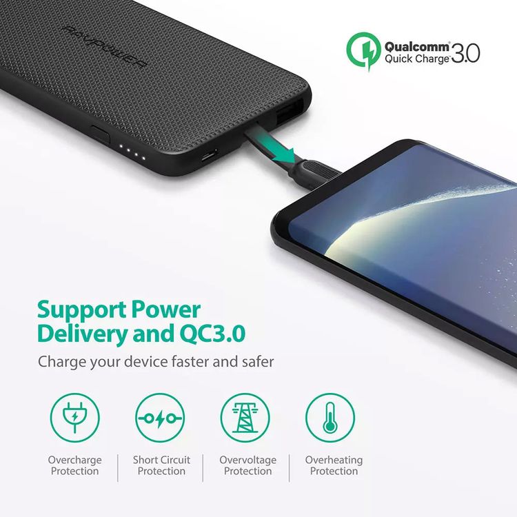 RAVPower Blade Series Portable Power Bank 10000mAh with Built-In Type-C Cable, Compact & Portable Portable Charger Support Power Delivery & QC3.0 - 10000 mAh