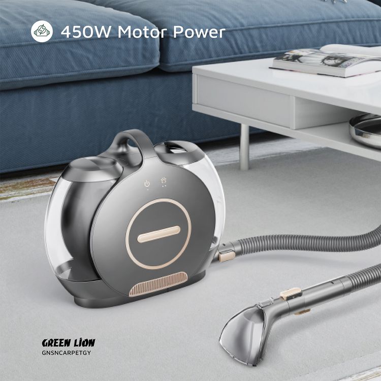 منظف ​​سجاد الحلزون الأخضر الأسد مع وظيفة وضع الحرارة، قوة شفط 13 كيلو باسكال، سعة مياه نظيفة 2 لتر، سعة مياه متسخة 1.4 لتر، طول السلك 5 أمتار، قابس طاقة في المملكة المتحدة، خرطوم مرن 1.5 متر، مقاوم للماء - رمادي