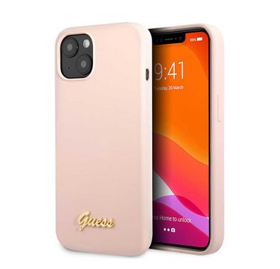 CG MOBILE Guess Liquid Silicone Case with Gold Metal Logo Script Compatible for iPhone 13 (6.1") Anti-Scratch, Easy Access to All Ports, Shock Absorption